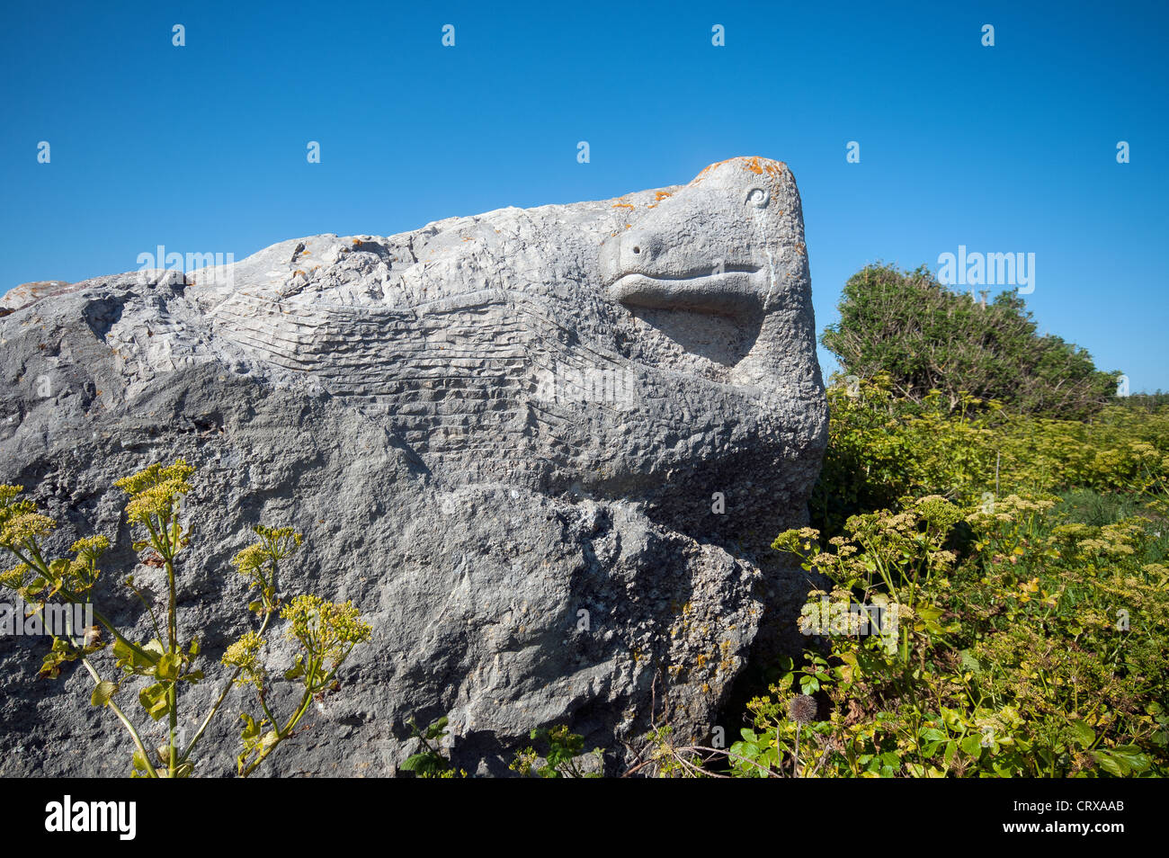 Steinskulptur an Tout Steinbruch Nature Reserve und Skulpturenpark, Portland, Weymouth, Dorset, England, UK Stockfoto