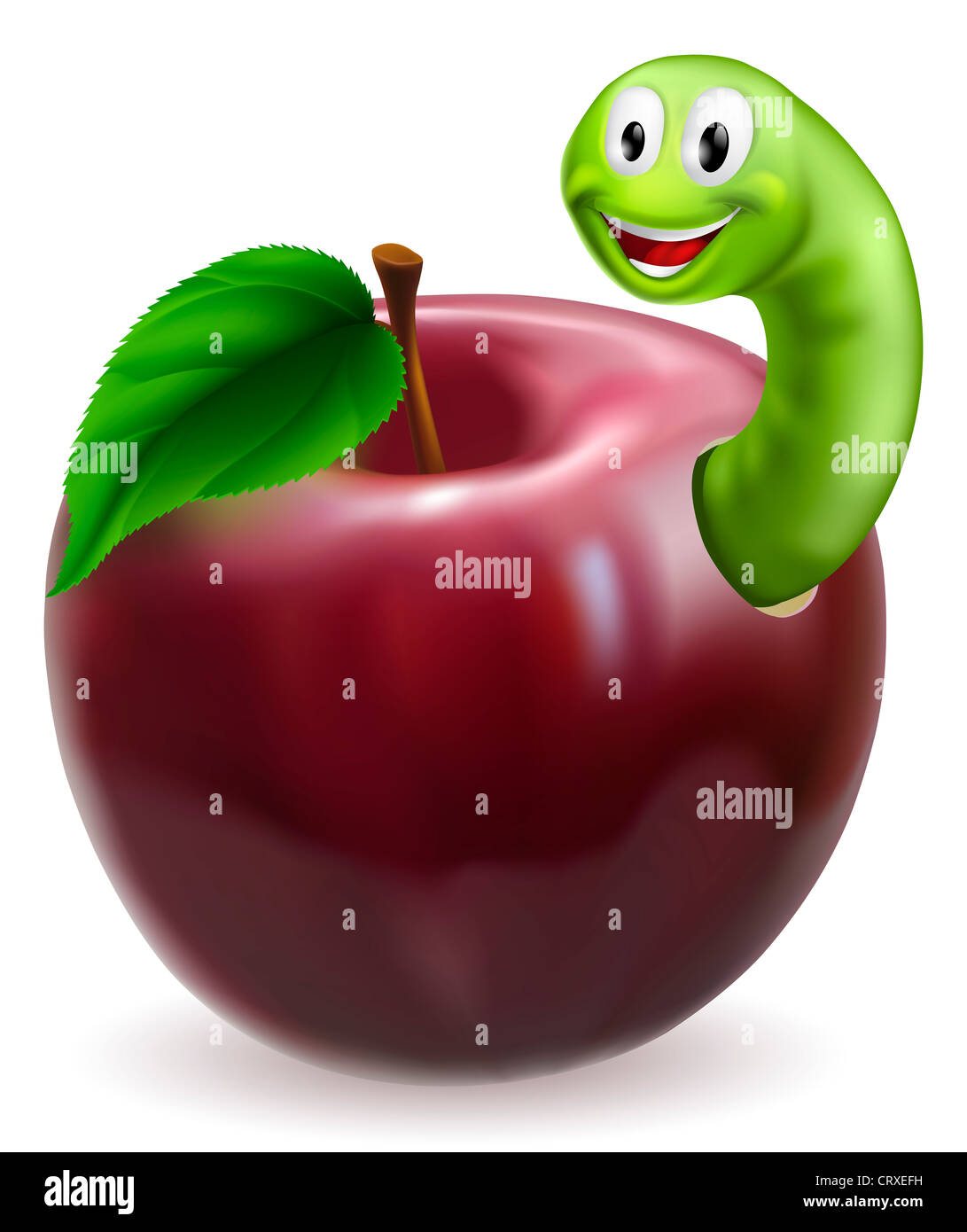 Abbildung eines niedlichen glücklich grüne Raupe oder Wurm aus einem saftigen roten Apfel Stockfoto