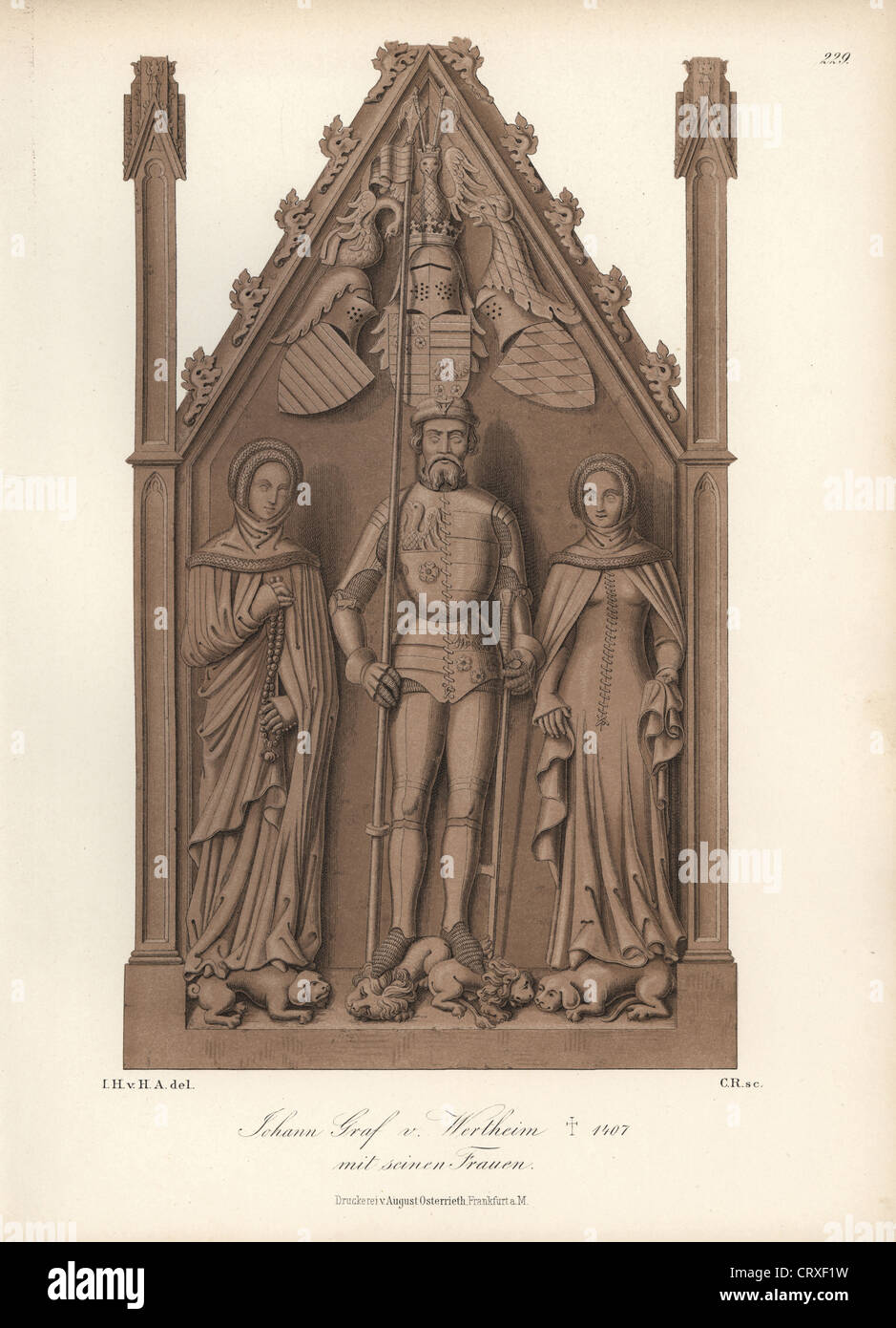 Johann Graf Wertheim, Ritter in Rüstung mit seinen Frauen aus dem 14. Jahrhundert. Stockfoto