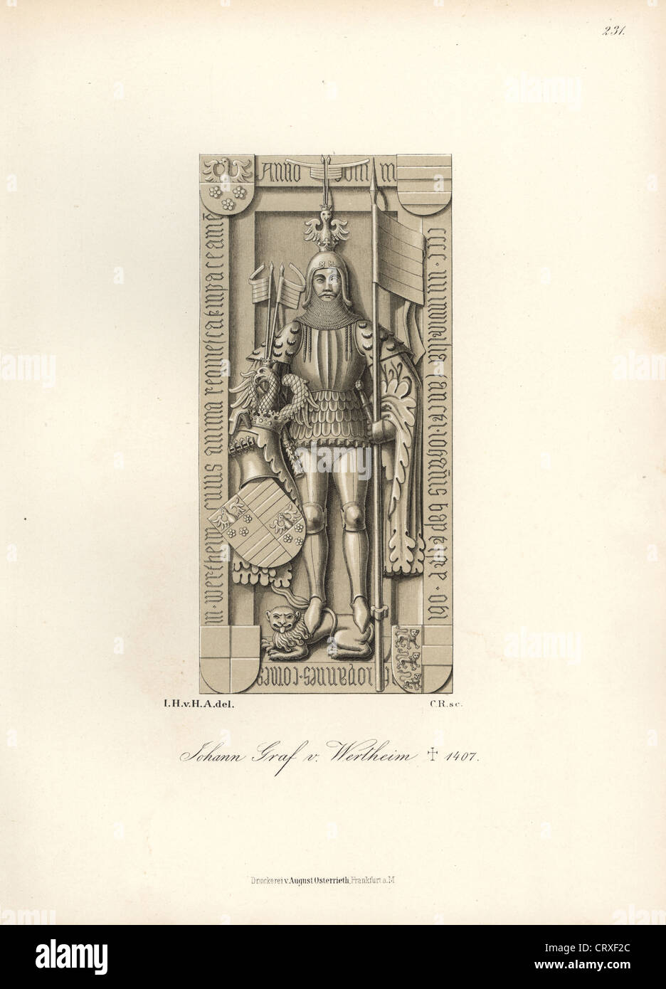 Ritter in Rüstung aus dem 14. Jahrhundert. Grabstein von Johann Graf von Wertheim, starb 1407. Stockfoto