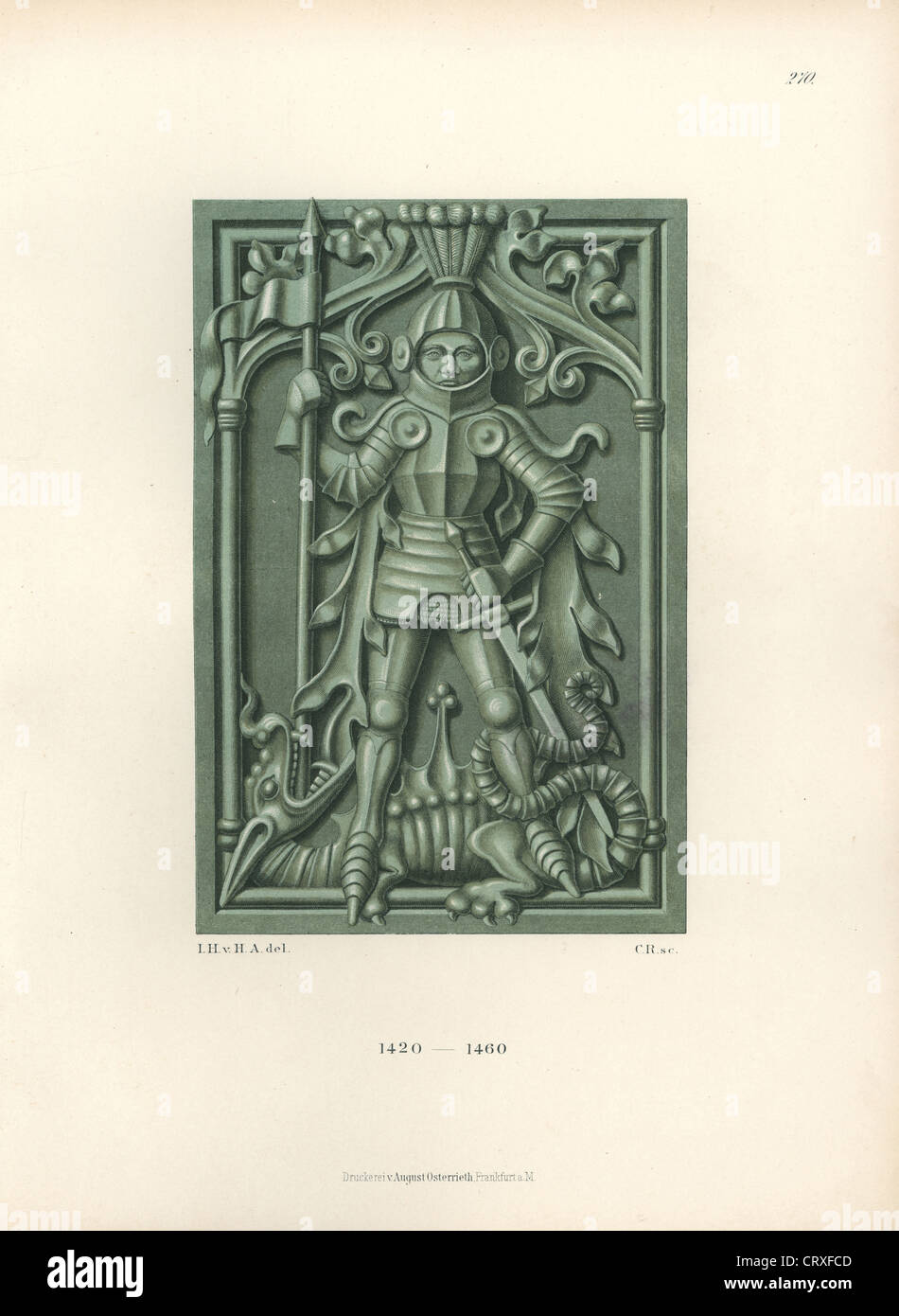 Ritter in Rüstung mit Schwert und Lanze aus der Mitte des 15. Jahrhunderts stand triumphierend über einen Erschlagenen Drachen. Stockfoto