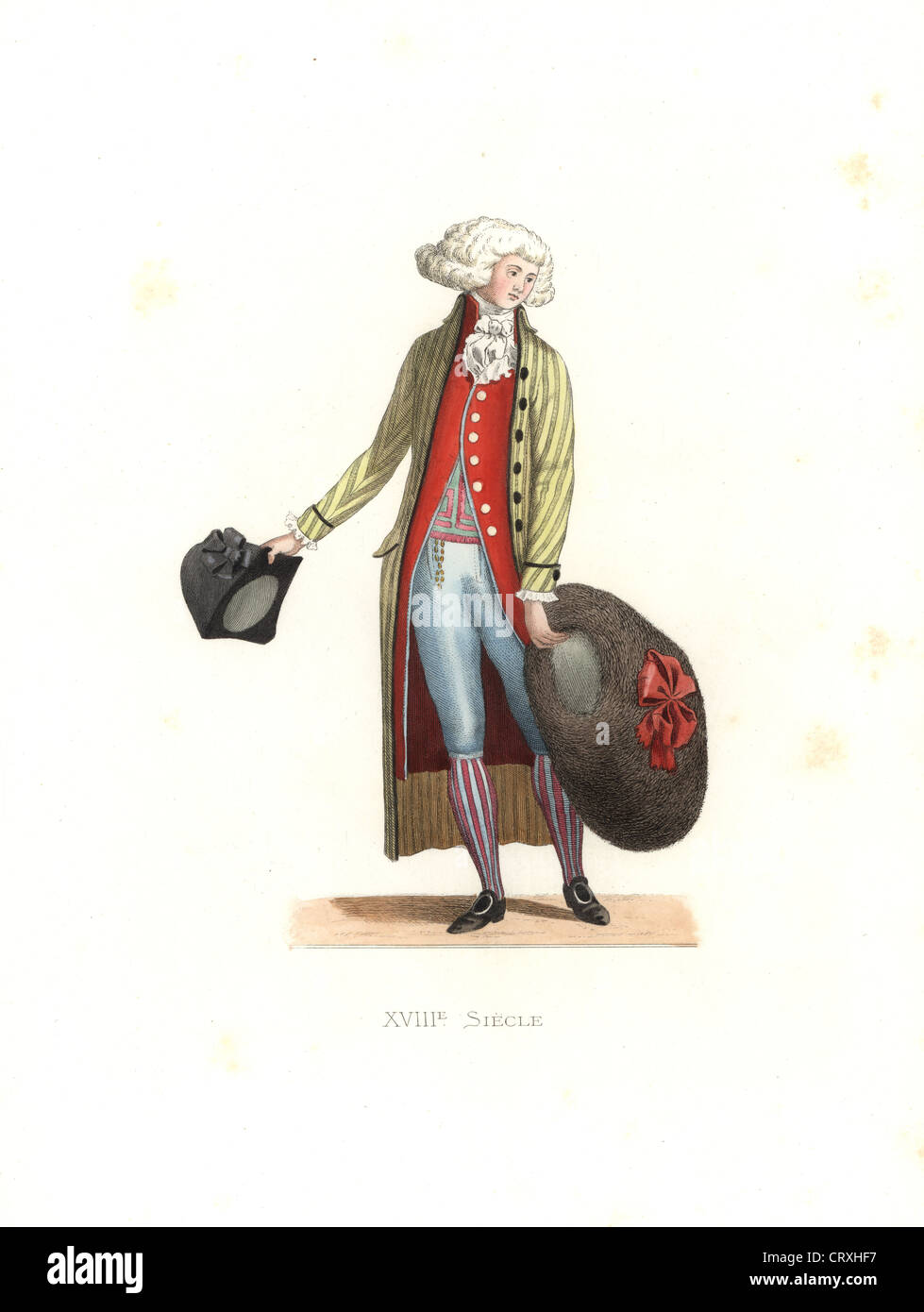 Junger modische Mann hält eine riesige Fell hat eine l'Androsmane, 18. Jahrhundert, Frankreich. Stockfoto