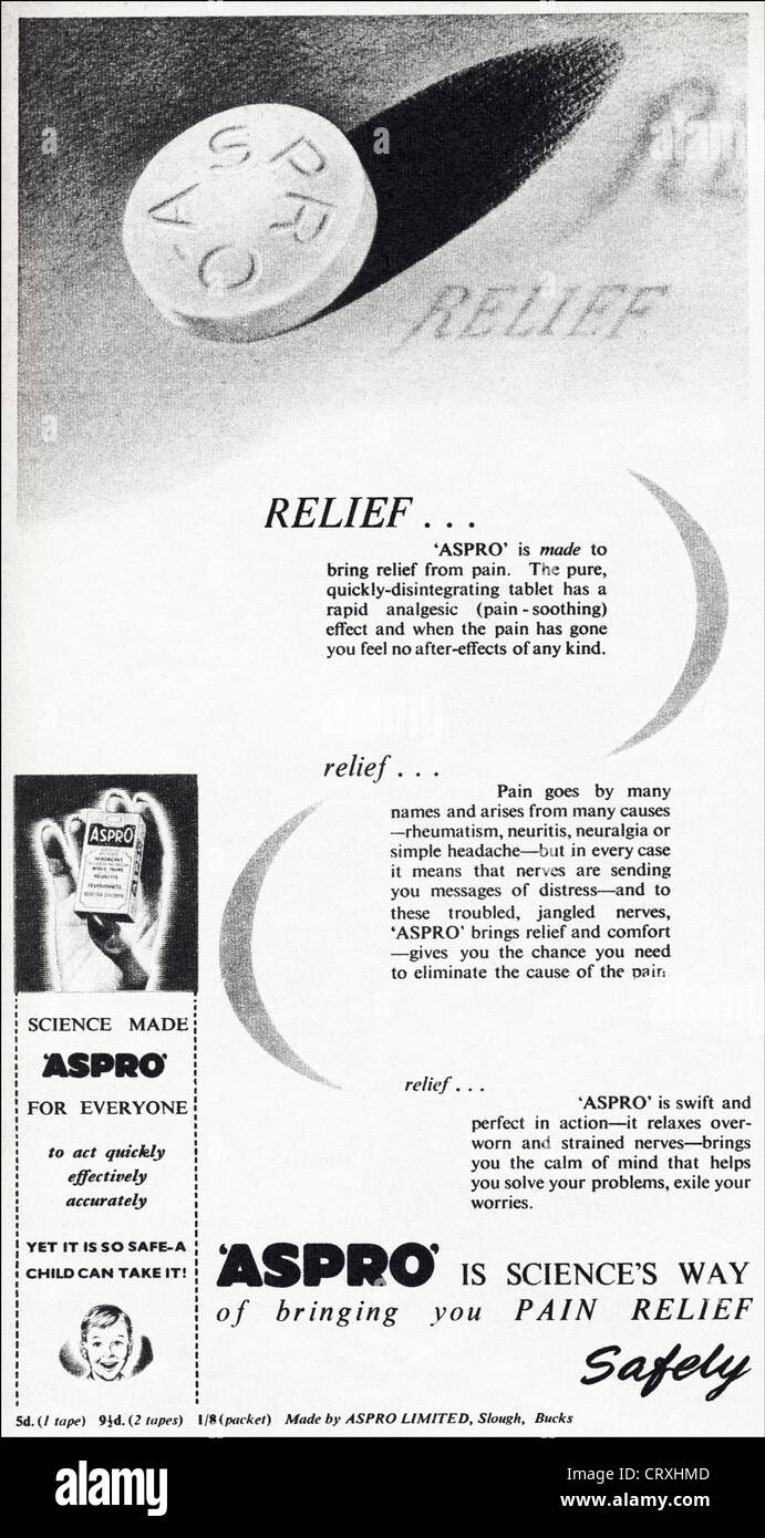 ASPRO Schmerzlinderung Tabletten Anzeige. Original 1950er Jahre Vintage print Werbung aus der aktuellen englischen Magazin Werbung Stockfoto