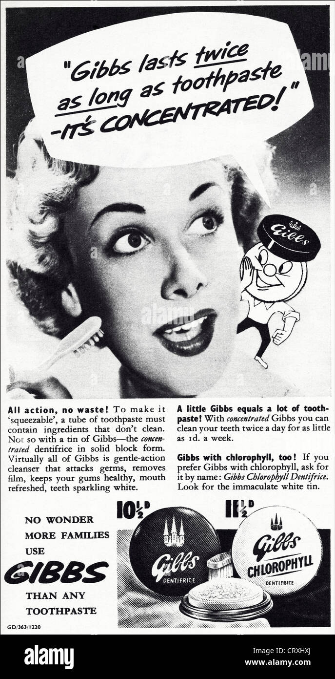 GIBBS Zahnpasta Werbung. Original 1950er Jahre Vintage print Werbung aus  der aktuellen englischen Magazin Werbung Stockfotografie - Alamy