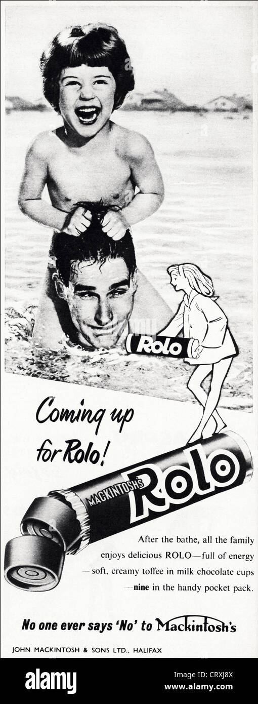 Original 1950er Jahre Vintage Printwerbung aus aktuellen englischen Magazin Werbung MACKINTOSHS ROLO Milchschokolade Stockfoto