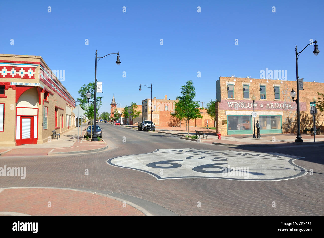 Die historische Route 66, Winslow, Arizona - "Stehen an der Ecke" Denkmal für Song Take"it Easy" von pop-Rock-Gruppe The Eagles Stockfoto