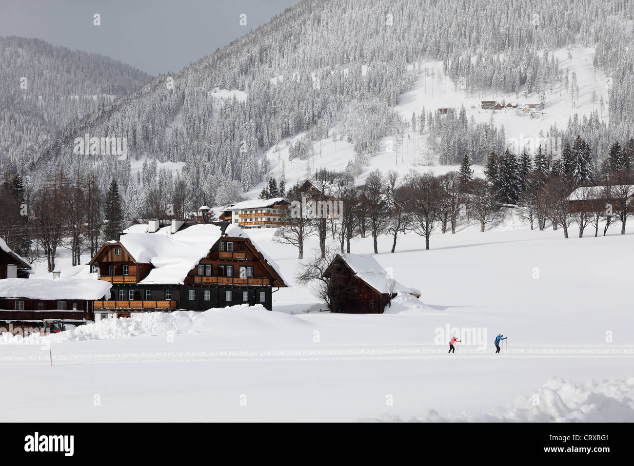 Österreich, Steiermark, Menschen auf verschneite Landschaft Skifahren Stockfoto