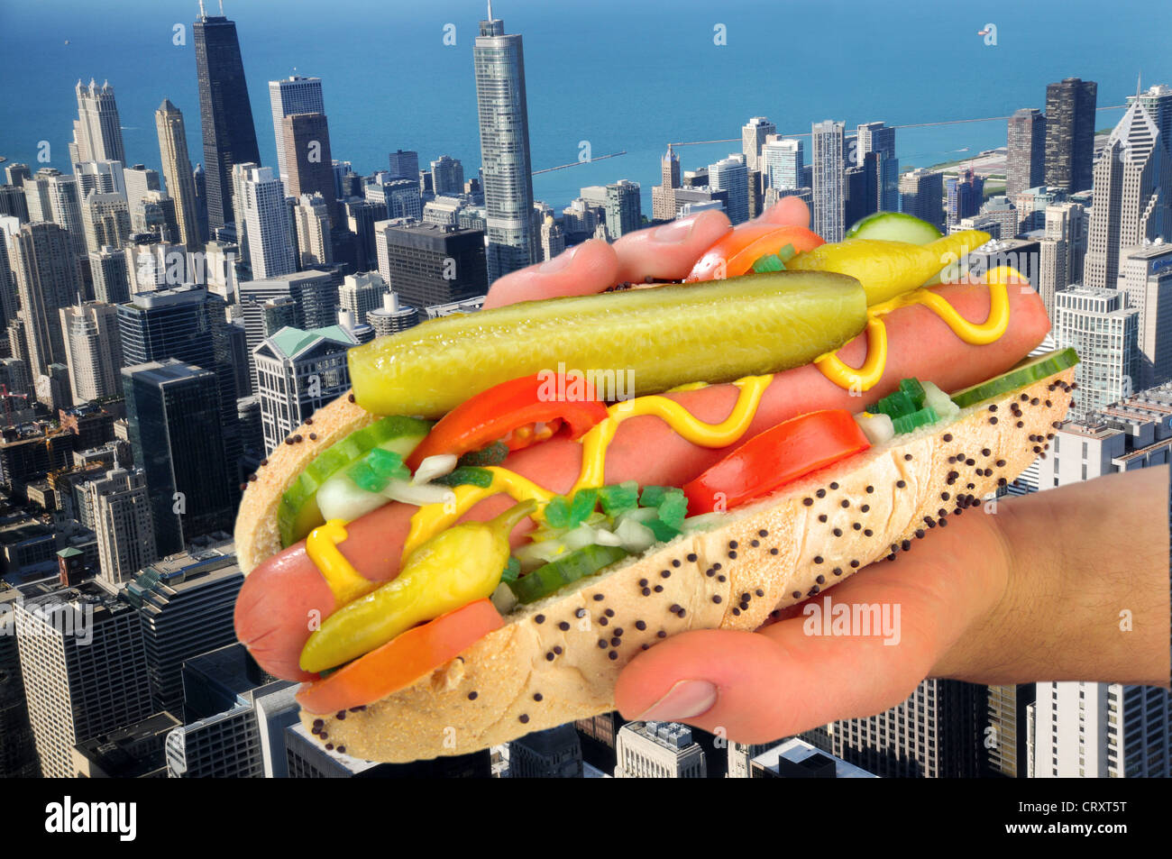 HÄLT EIN CHICAGO STYLE HOT DOG MIT SKYLINE Stockfoto