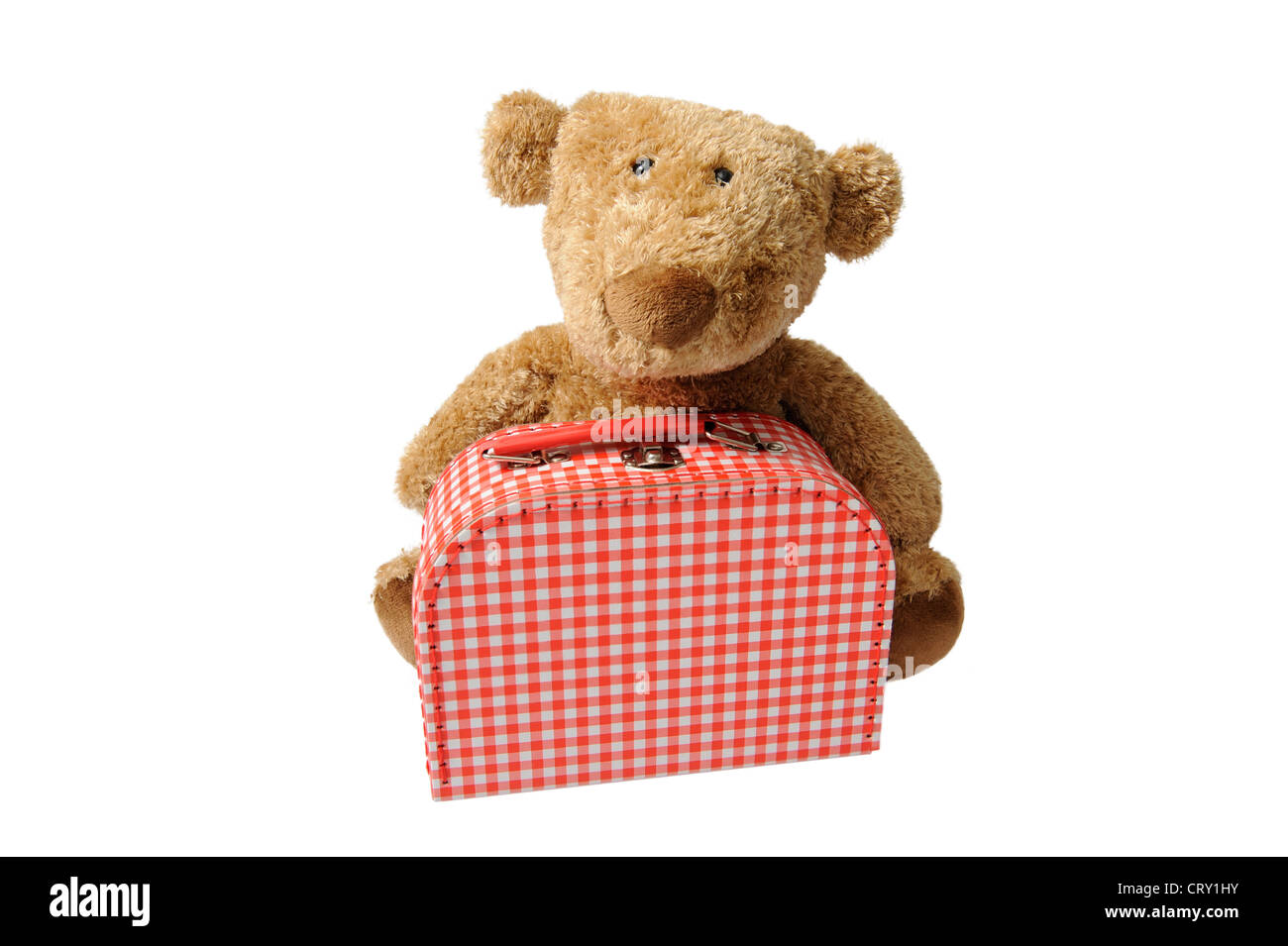 Teddybär mit Vintage rote und weiße aufgegebenen Koffer Stockfoto