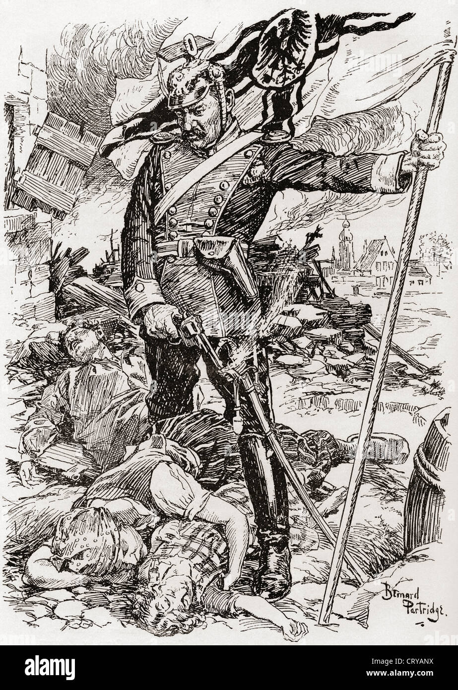 Propaganda-Illustration mit dem Titel The Triumph of Culture zeigt deutschen Soldat stehend über Leichen von ermordeten Zivilisten. Stockfoto