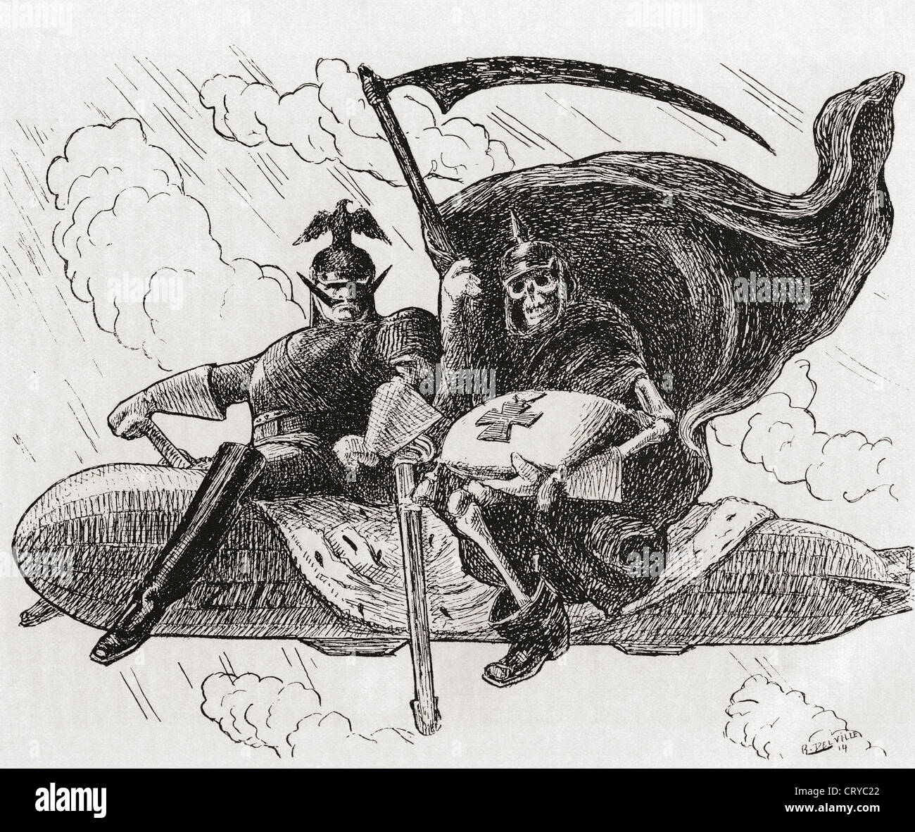 Wir zwei. Der Krieg-Lord und seine Verbündeten.  Ein deutscher Kommandant und ein Skelett oder Tod, sitzt rittlings auf einem Zeppelin. Stockfoto