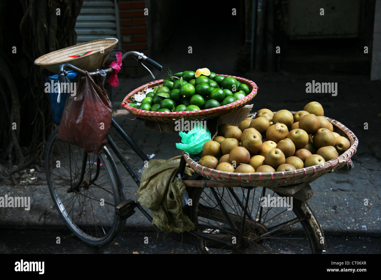 Verkauf von Obst von einem Fahrrad in Hanoi, Vietnam Stockfoto
