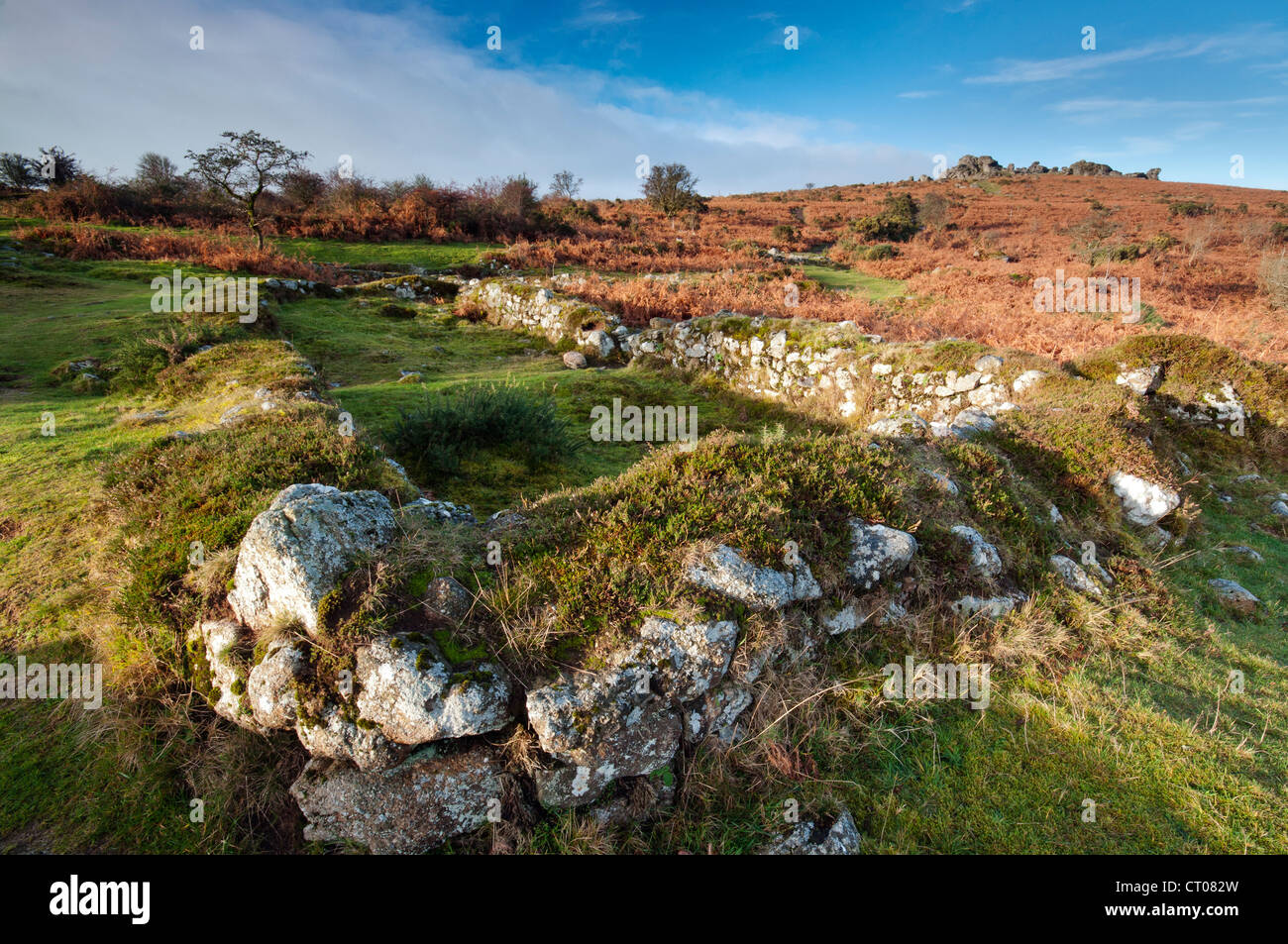 Hound Tor verlassene mittelalterliche Dorf an einem hellen Winter Morgen, Dartmoor Nationalpark. Stockfoto