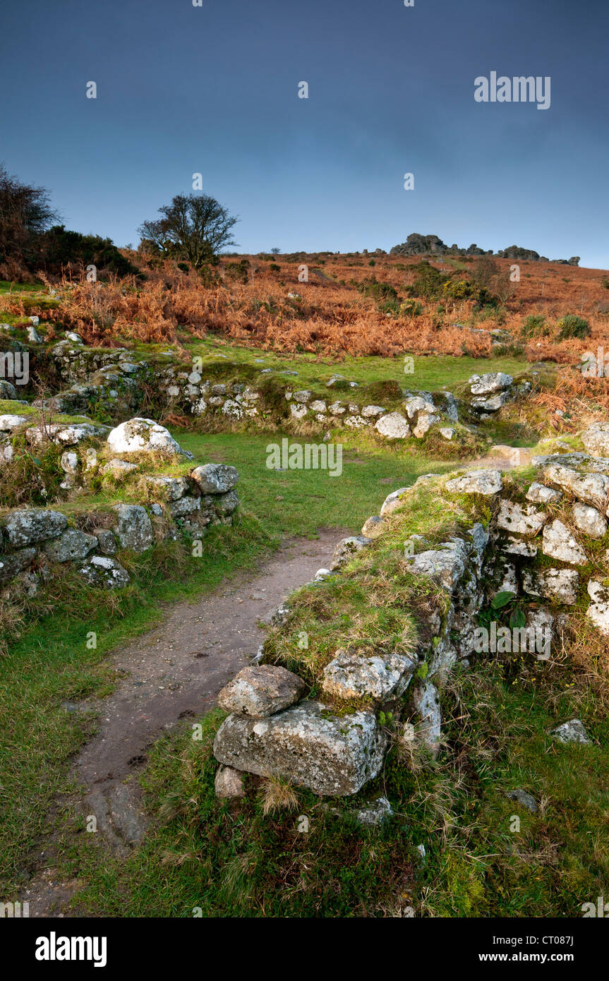 Hound Tor verlassene mittelalterliche Dorf an einem Winter Morgen, Dartmoor Nationalpark. Stockfoto