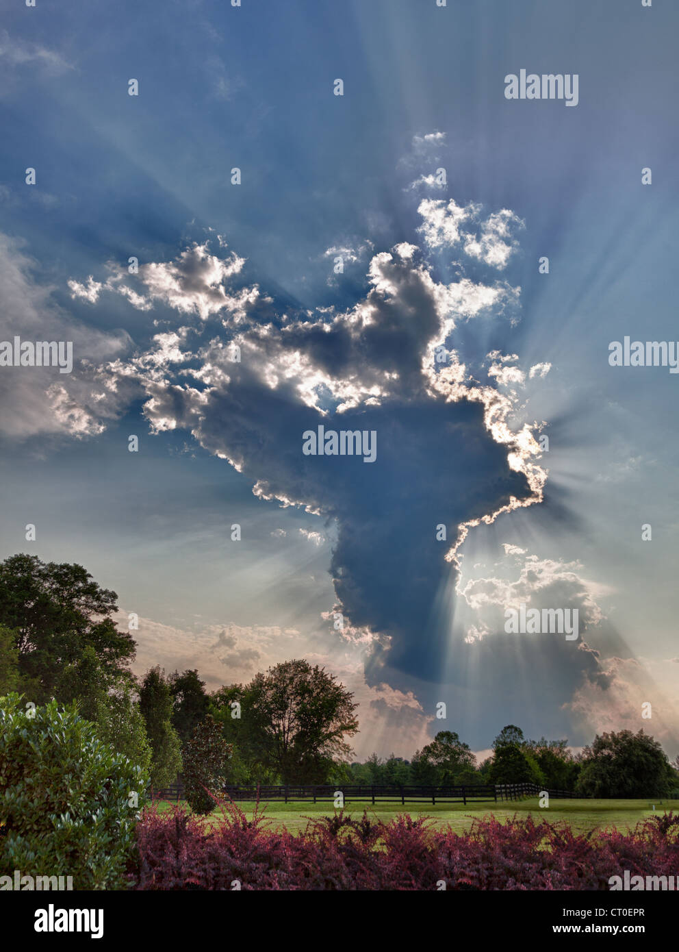Sturmwolken über Wiesen mit Sonnenstrahlen, Dramatischer Himmel Stockfoto
