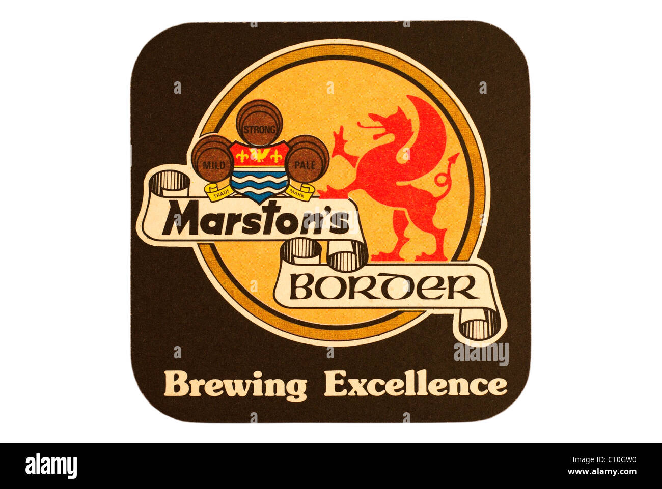 Bierdeckel / Mat - Marston es Brauerei, Burton-Upon-Trent, England mit einer Anzeige für Grenze Biere zu Tropfen. Stockfoto