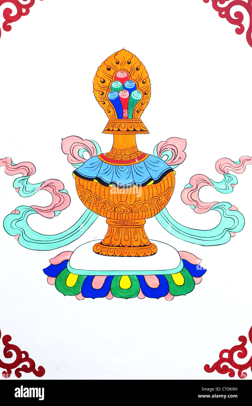 Kunst Religion Buddhismus Tibet tibetische Asien buddhistische Wand rote Tempel Anbetung Religionskultur Kloster Lotus spirituelle Malerei Stockfoto
