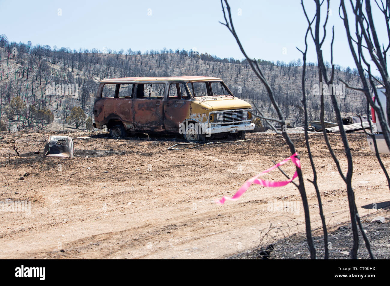 Wald ein Lauffeuer tobt außer Kontrolle als Feuerwehrleute im ganzen Land ankommen und auf die gefährlichen Notfall reagieren. Stockfoto