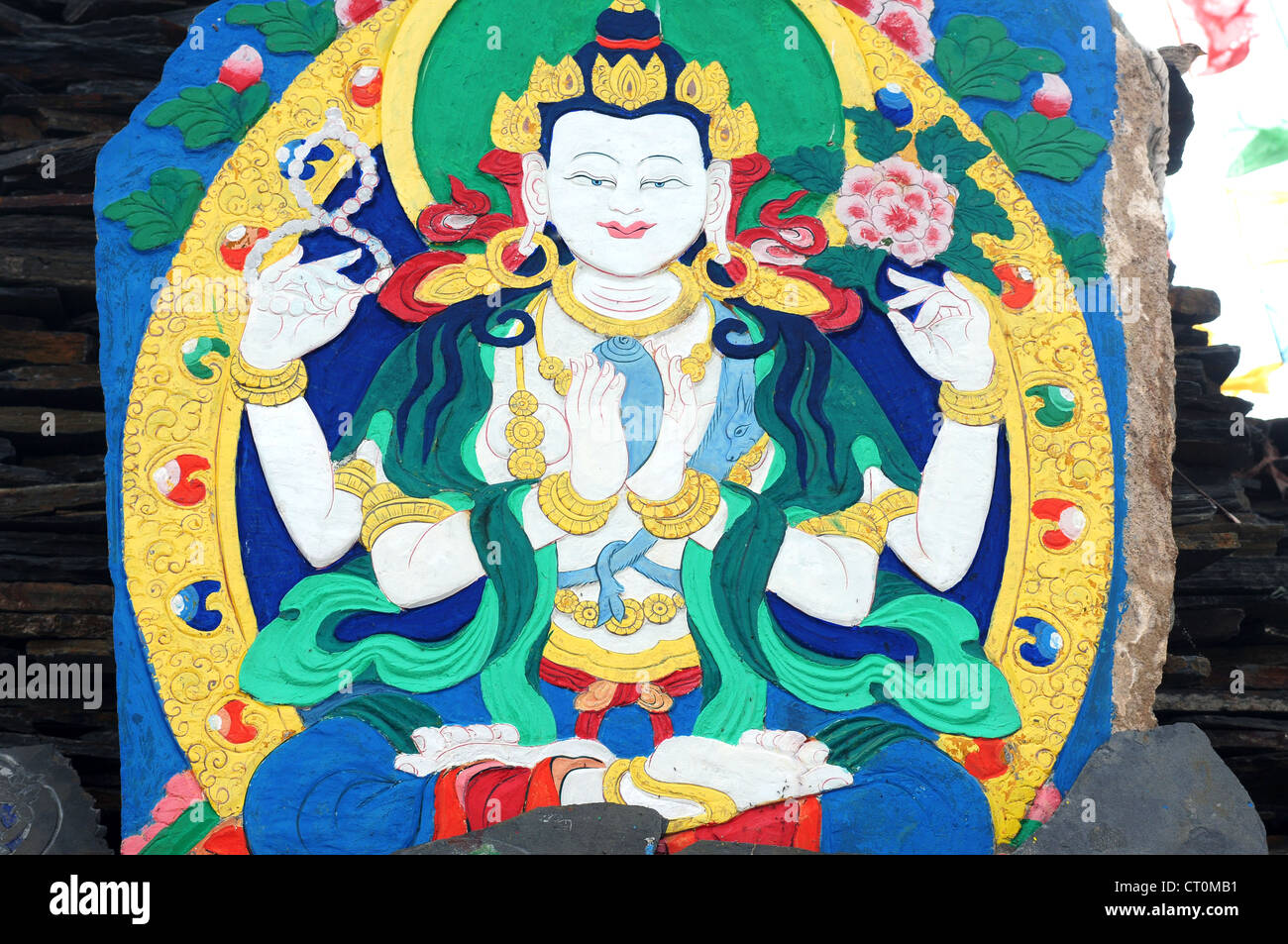 Kunst Religion Buddhismus Tibet tibetische Asien buddhistische Wand rote Tempel Anbetung Religionskultur Kloster Lotus spirituelle Malerei Stockfoto