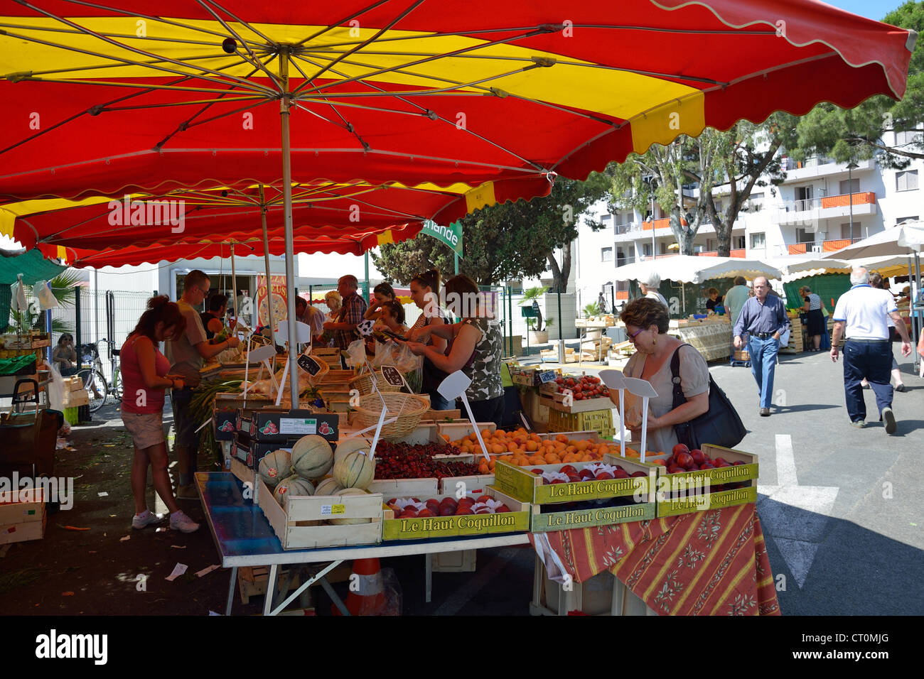 Outdoor-Lebensmittel-Markt (Cité Marchande) in Cagnes-Sur-Mer, Côte d ' Azur, Alpes-Maritimes, Provence-Alpes-Côte d ' Azur, Frankreich Stockfoto