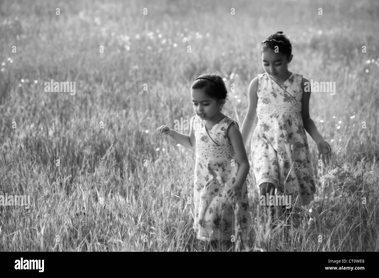Zwei Mädchen, die zu Fuß auf einem Rasen-Wiese Stockfoto