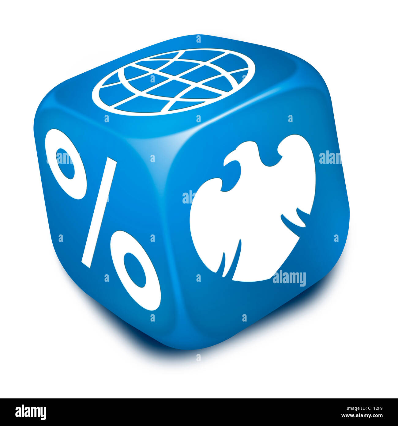 Blaue Würfel mit Barclays Bank Adler Symbol, Prozentsatz und die Welt/Welt Symbole auf den Flächen Stockfoto