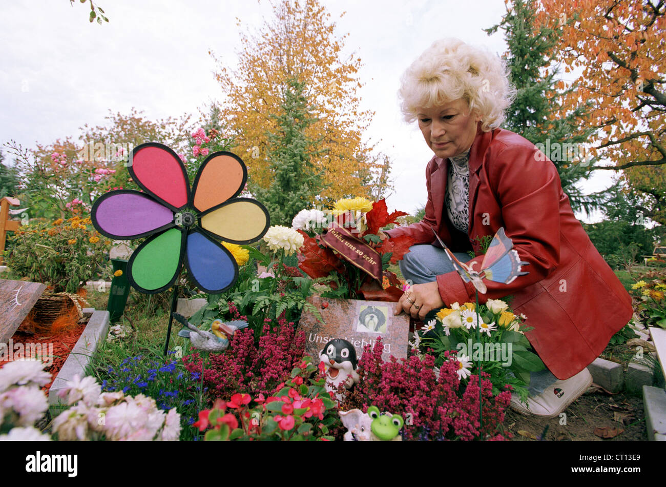 Pet Cemetery: Trauernde Frau am Grab ihres Hundes Stockfoto