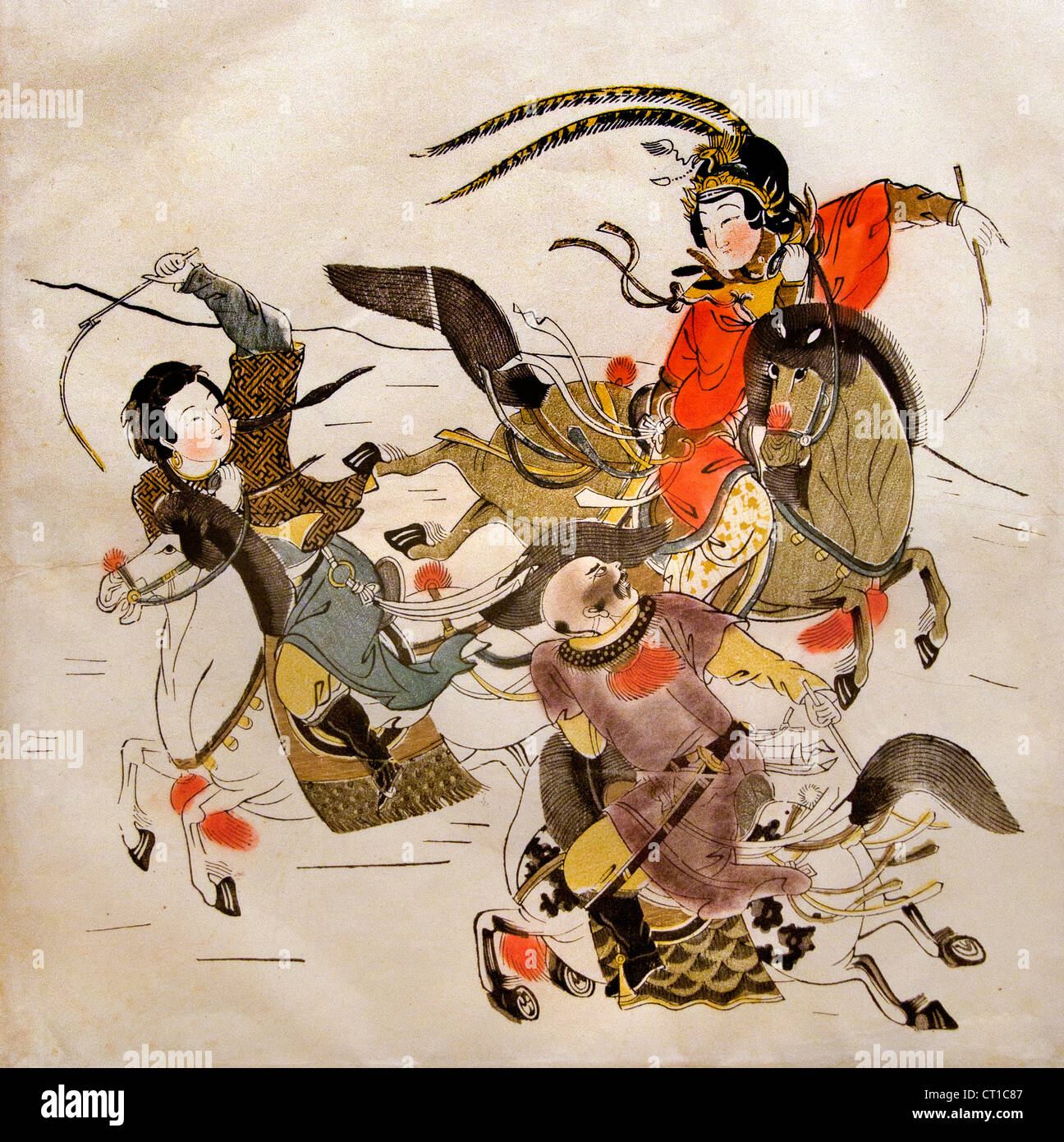 Drei Reiter Qing Dynastie (1644 – 1911) Holzschnitt Druckfarbe auf dem Papier chinesische China Stockfoto