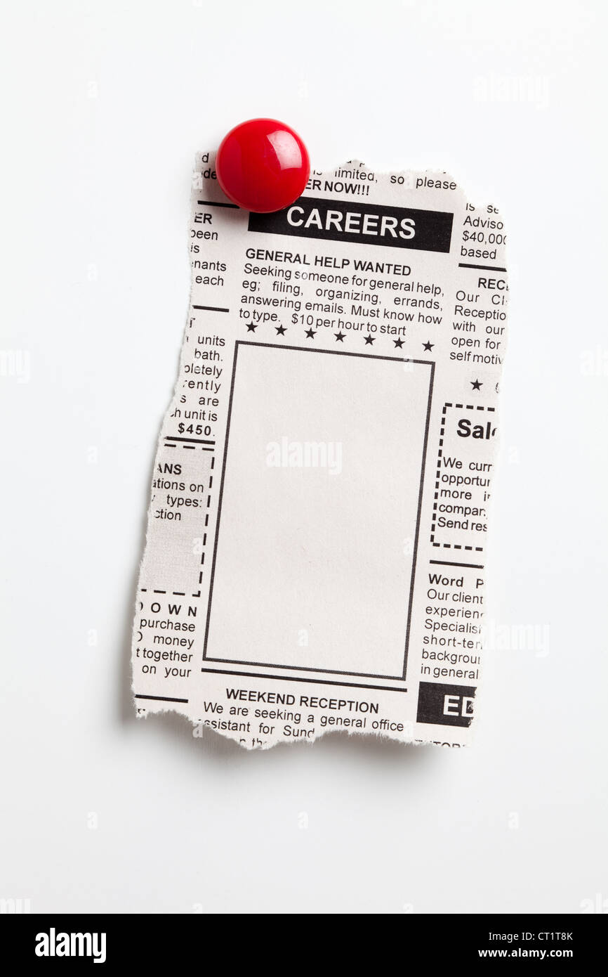 Gefälschte Kleinanzeige, Zeitung, Career Concept. Stockfoto
