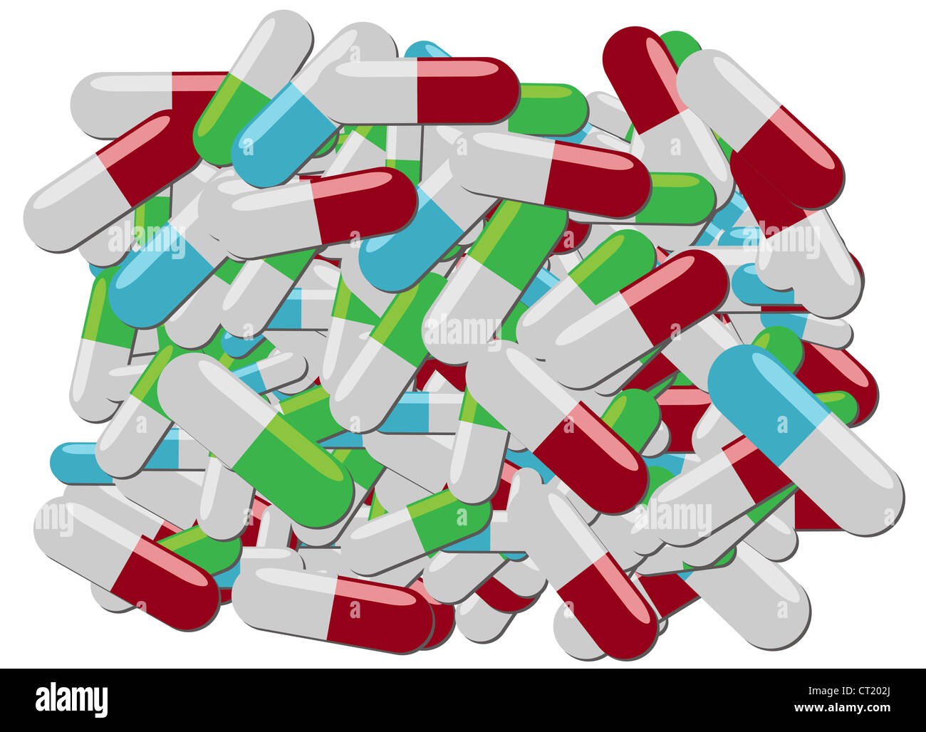 Bunte Pillen der verschiedenen Arten in einem großen Haufen Stockfoto
