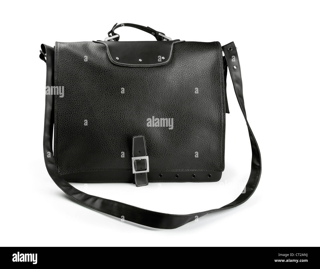Schwarzes Leder-Laptop-Tasche isoliert auf weiss Stockfoto
