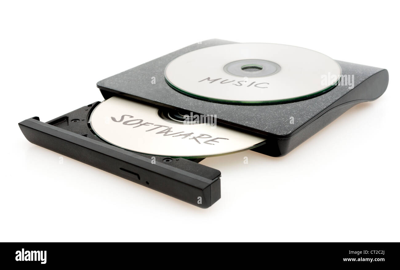 Piraterie - CD-Brenner mit Disc mit illegaler Software auf weißem Hintergrund Stockfoto