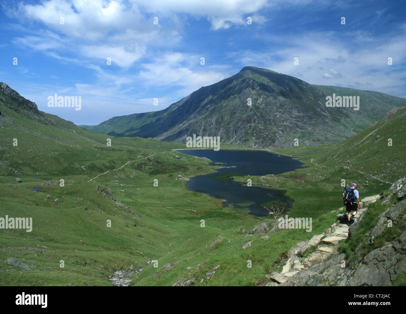 Einsame männliche Walker auf Weg in Teufels Küche mit Llyn Idwal und Stift Yr Ole Wen in Ferne Snowdonia Gwynedd North Wales UK Stockfoto