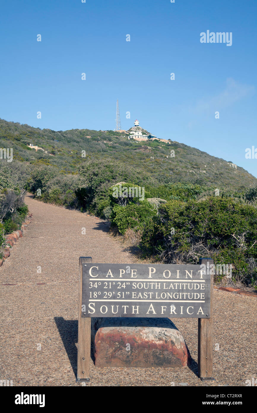 Cape Point Zeichen führt zu Cape Point Lighthouse, Table Mountain National Park, Südafrika Stockfoto