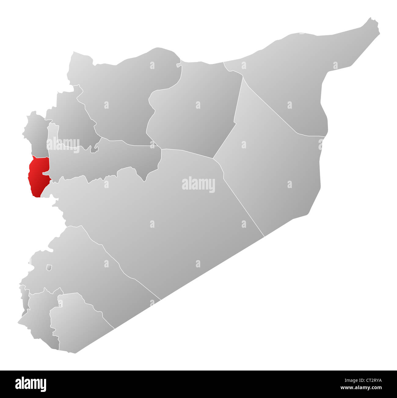 Politische Karte von Syrien mit den mehreren Provinzen wo Tartus markiert ist. Stockfoto