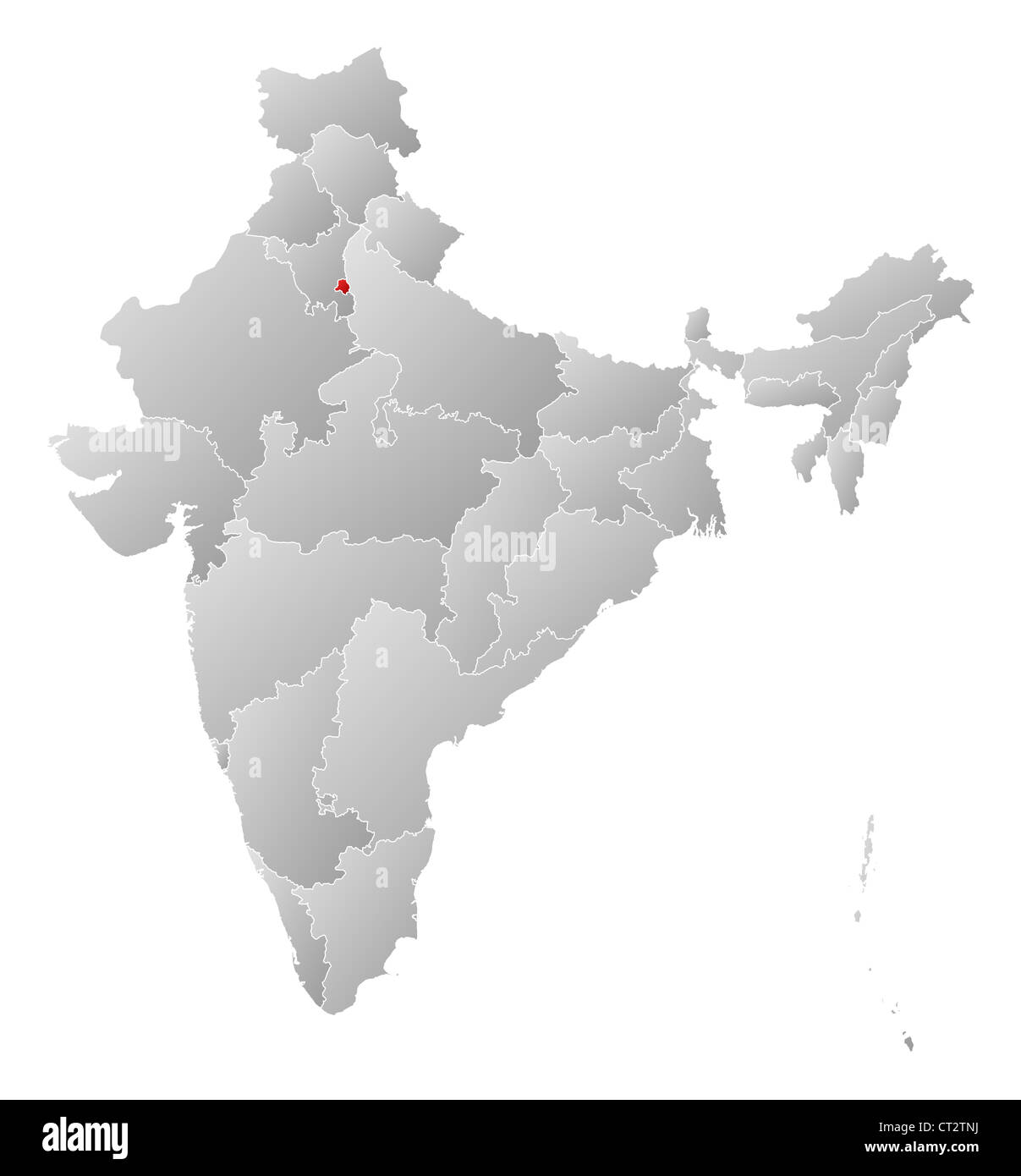 Politische Karte von Indien mit den mehrere Staaten wo National Capital Region hervorgehoben wird. Stockfoto