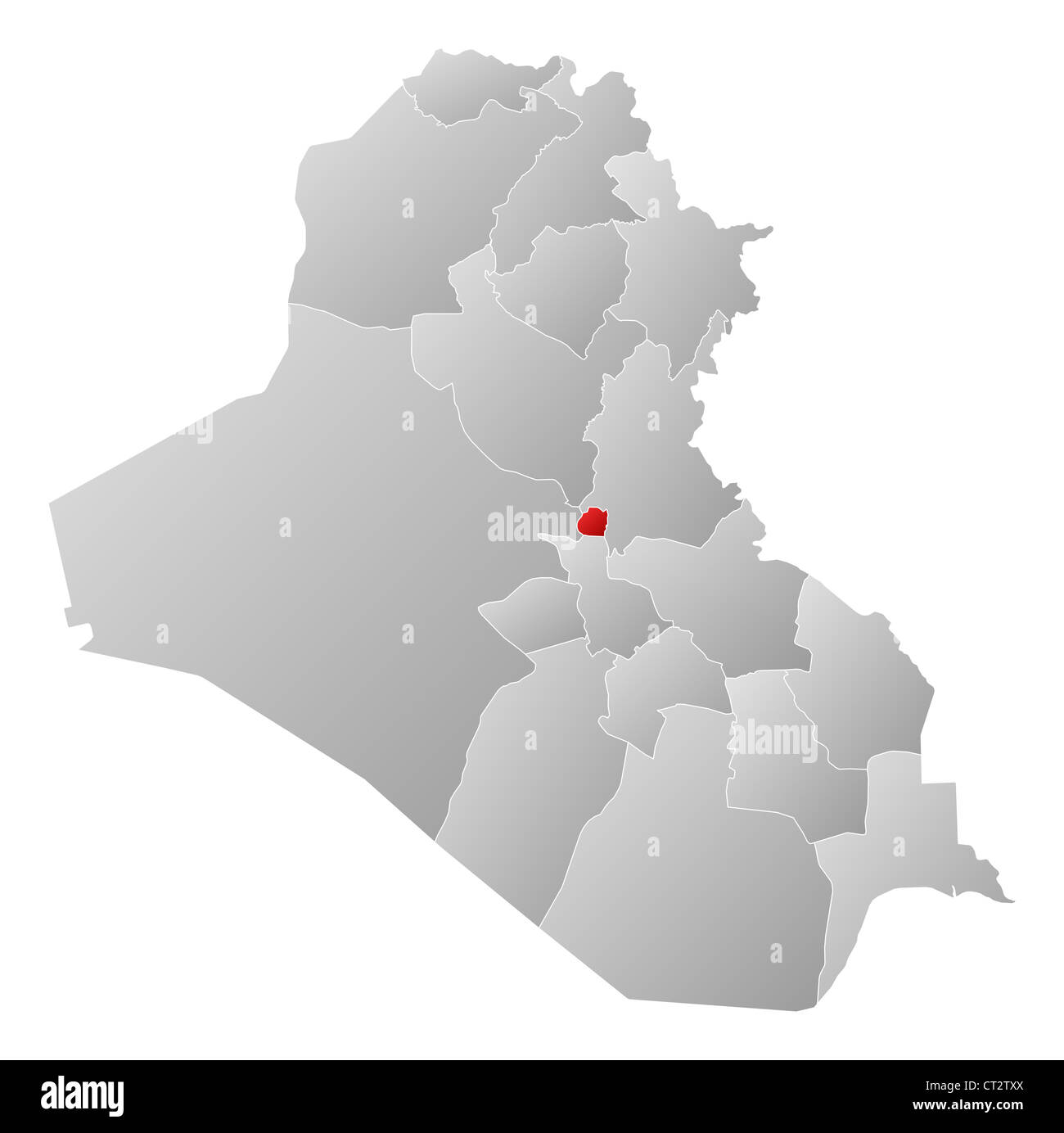 Politische Karte des Irak mit den mehrere Provinzen wo Bagdad markiert ist. Stockfoto