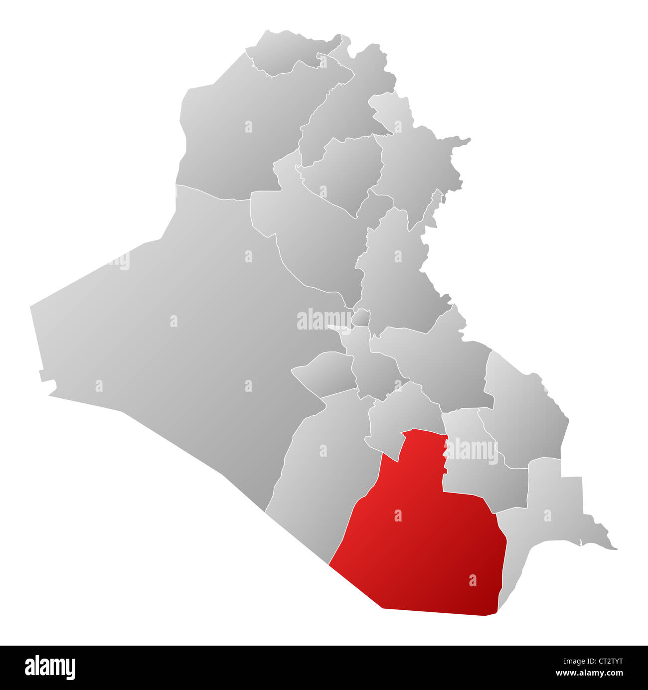 Politische Karte des Irak mit den mehreren Provinzen, wo Al Muthanna markiert ist. Stockfoto