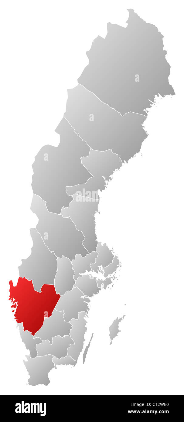 Politische Karte von Schweden mit den verschiedenen Provinzen Västra Götaland Grafschaft wo markiert ist. Stockfoto