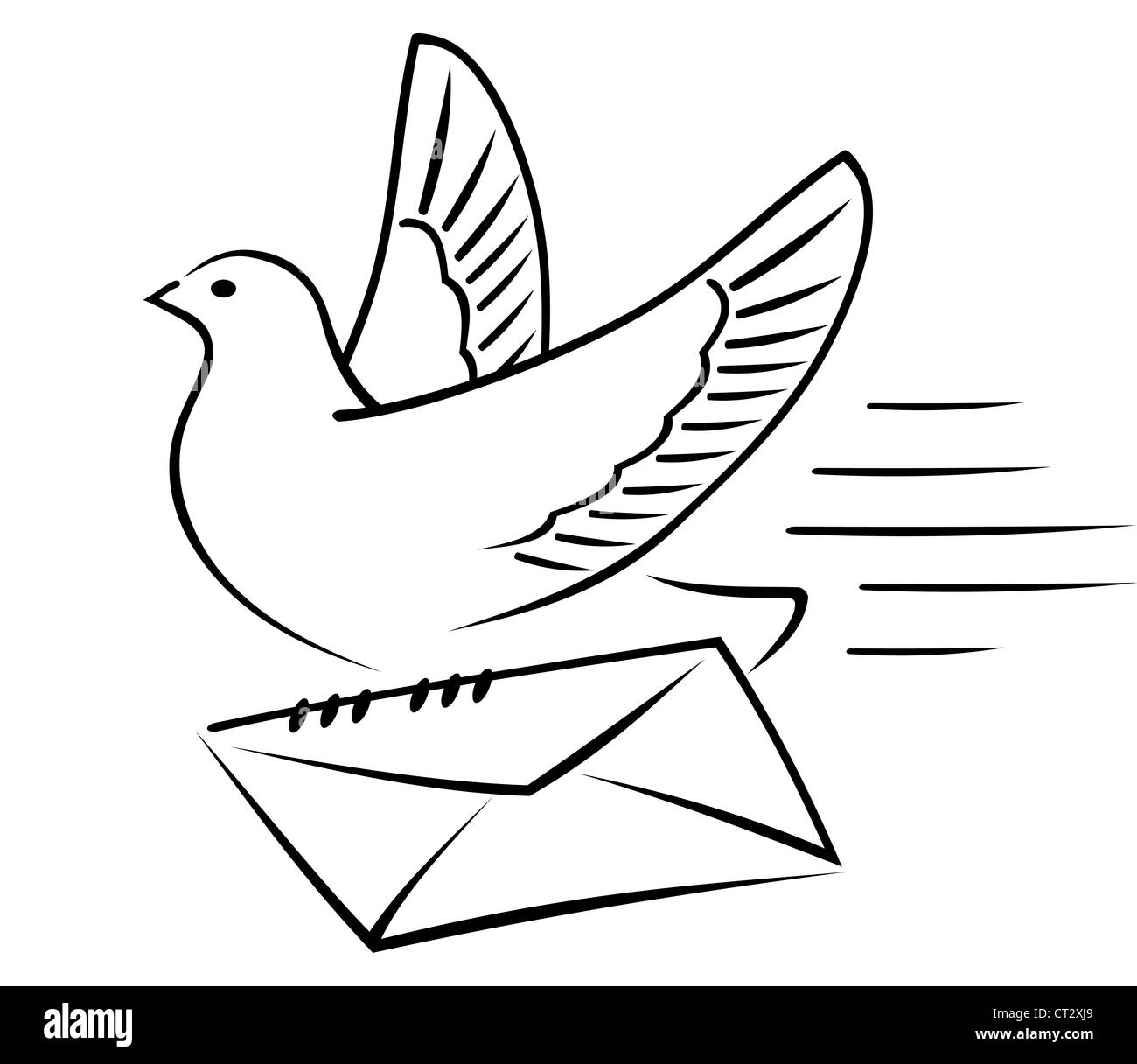 Brieftaube gibt einen Umschlag mit einem Brief an dem Adressaten. Stockfoto