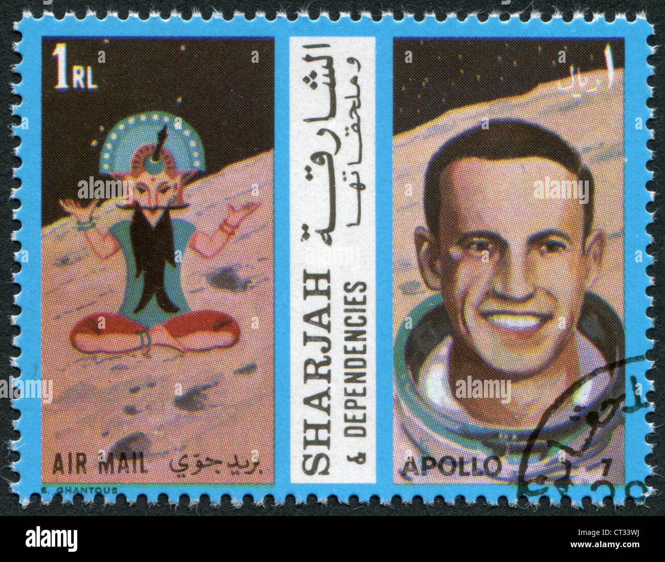 SHARJAH - ca. 1972: Eine Briefmarke gedruckt in Sharjah, zeigt das Apollo-7 Astronauten Walter Schirra, ca. 1972 Stockfoto