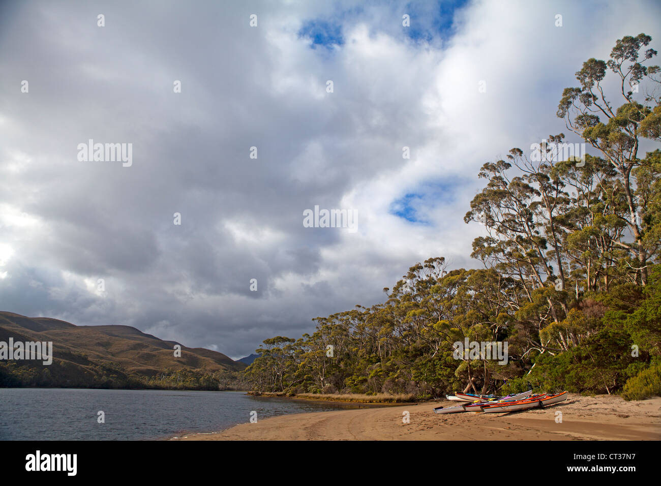 Kajaks an Stelle der Siedlung auf Port Davey Tasmaniens-Southwest-Nationalpark Stockfoto