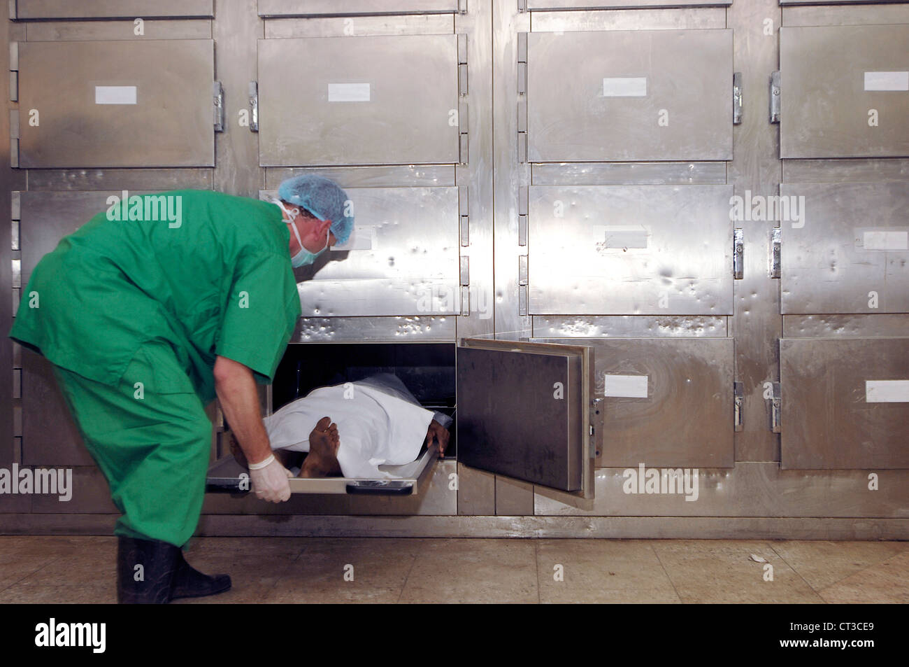 Ein Leichenhalle Techniker legt einen menschlichen Körper in einem Tiefkühllager. Stockfoto