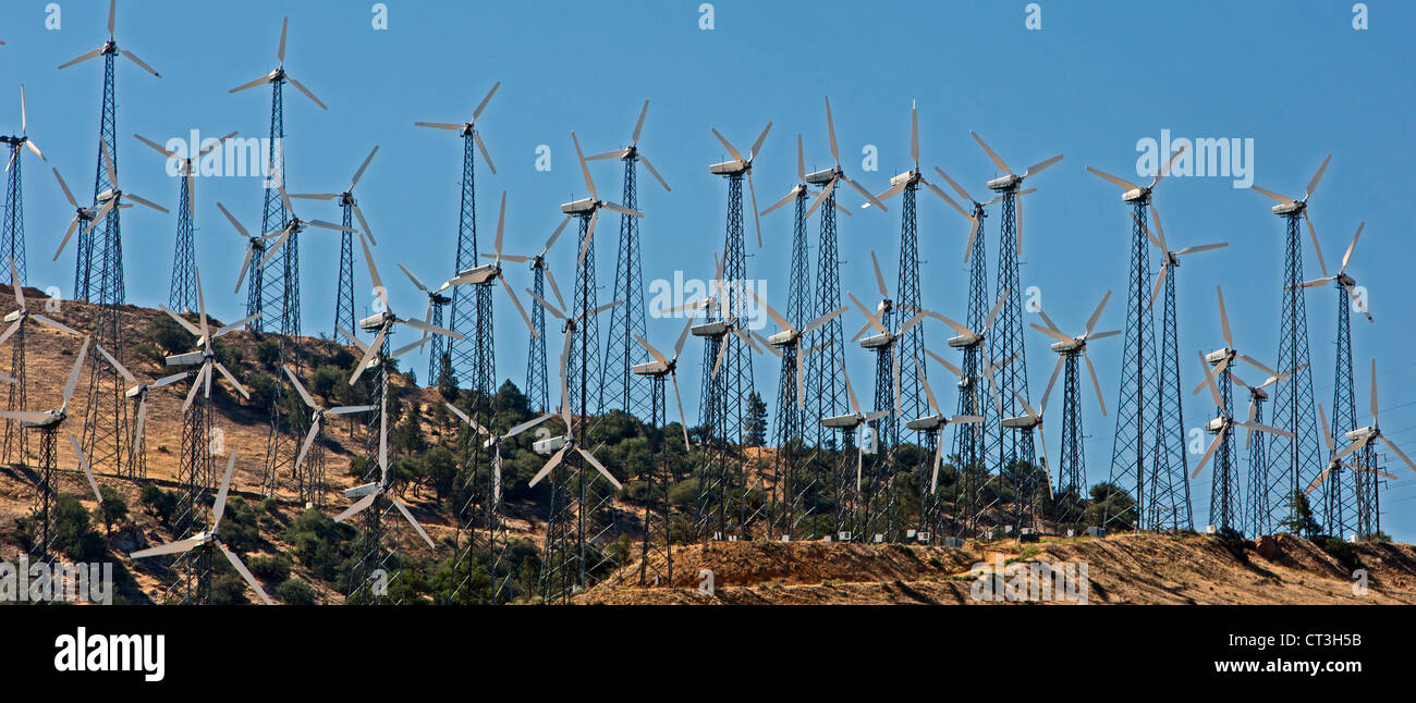 Die weltweit zweitgrößte Sammlung von Windkraftanlagen in Tehachapi Pass, nordöstlich von Los Angeles. Stockfoto