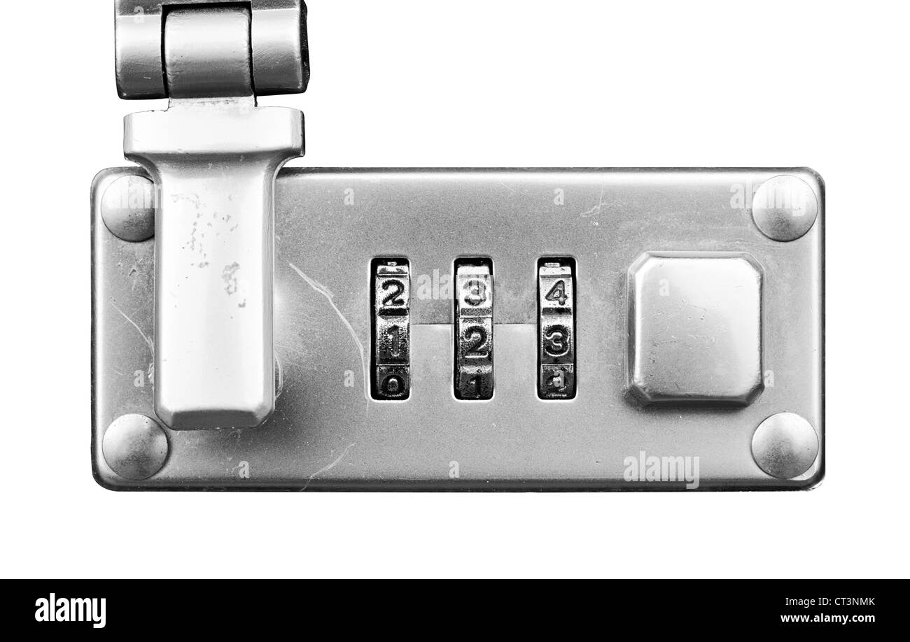 Makro der Koffer oder Reise Tasche Zahlenschloss isoliert auf weiß - wählt auf 123, flache Fokus Stockfoto