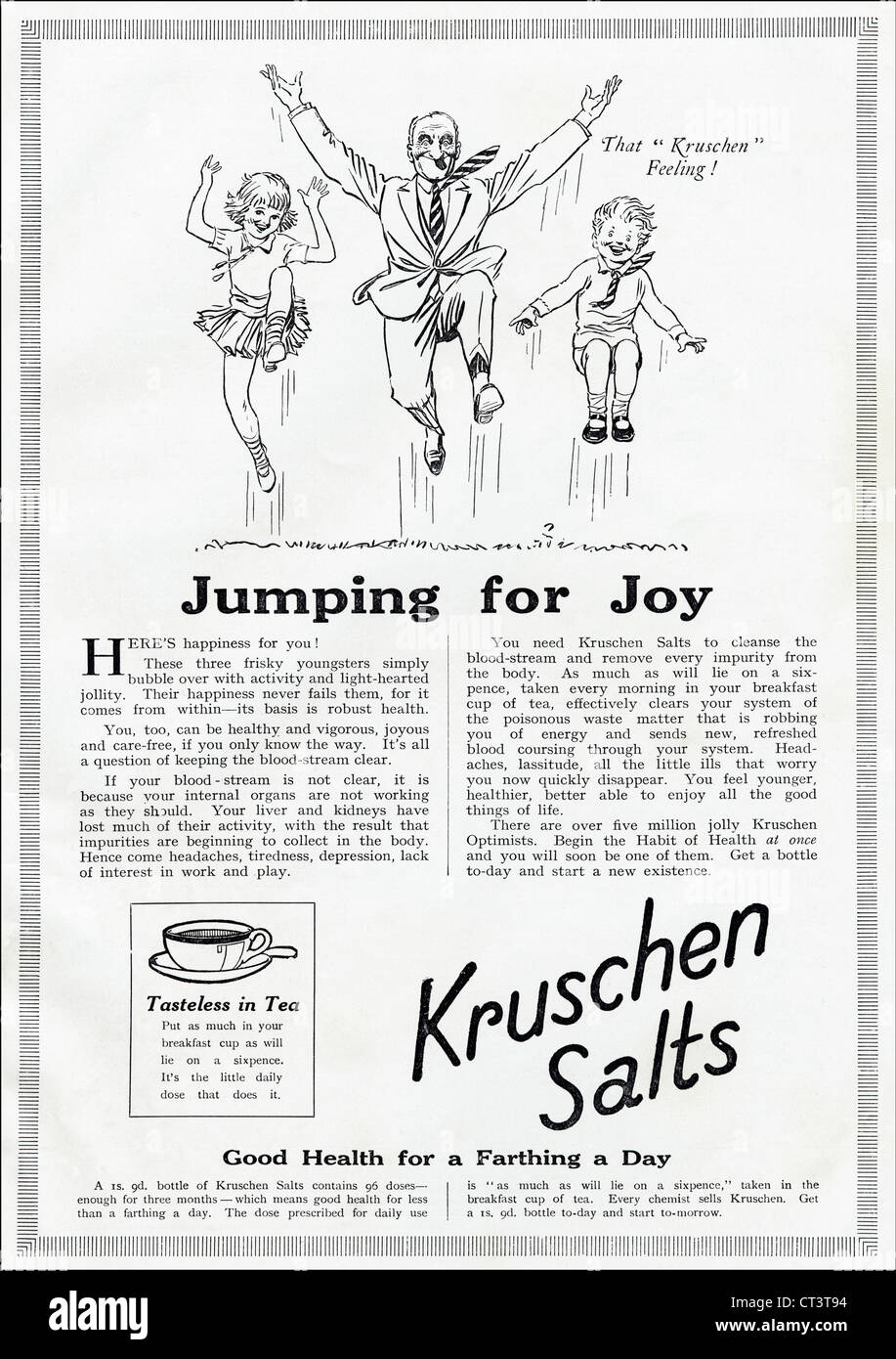 Original 1920er Jahre Vintage Printwerbung aus englischen Verbraucher Zeitschriftenwerbung KRUSCHEN Salze gute Gesundheit Stockfoto