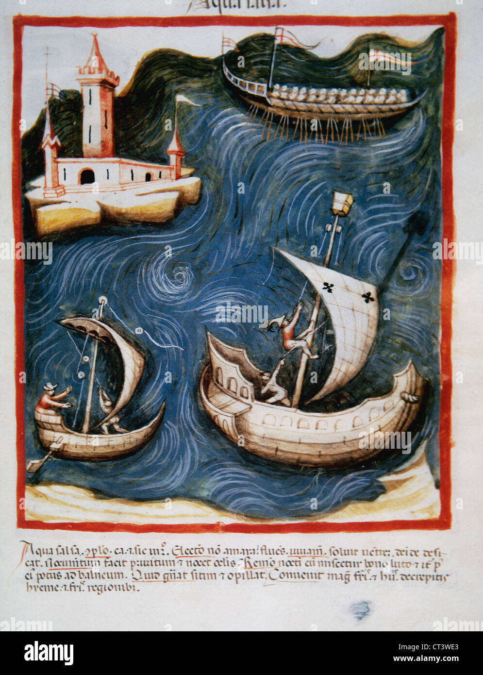 Tacuinum Sanitatis. 14. Jahrhundert. Mittelalterliche Handbuch der Gesundheit. Boote auf dem Meer. Folio 88r. Stockfoto