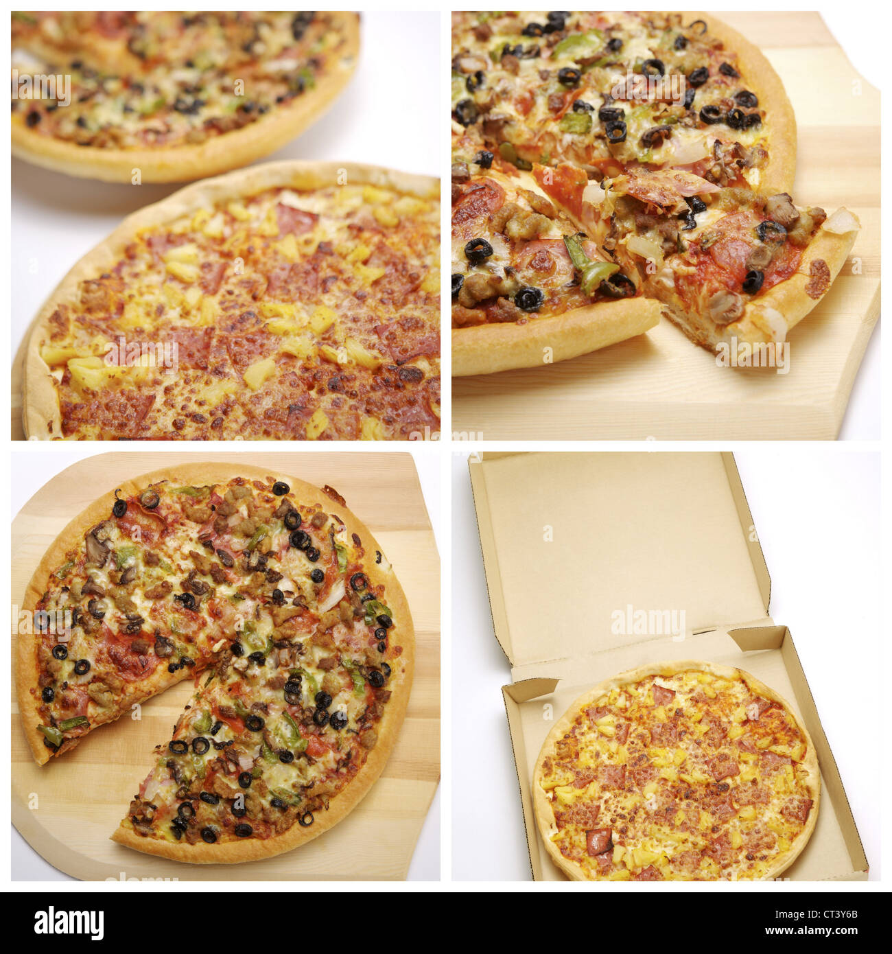 Collage aus vier verschiedenen voller Größe Bild von pizza Stockfoto