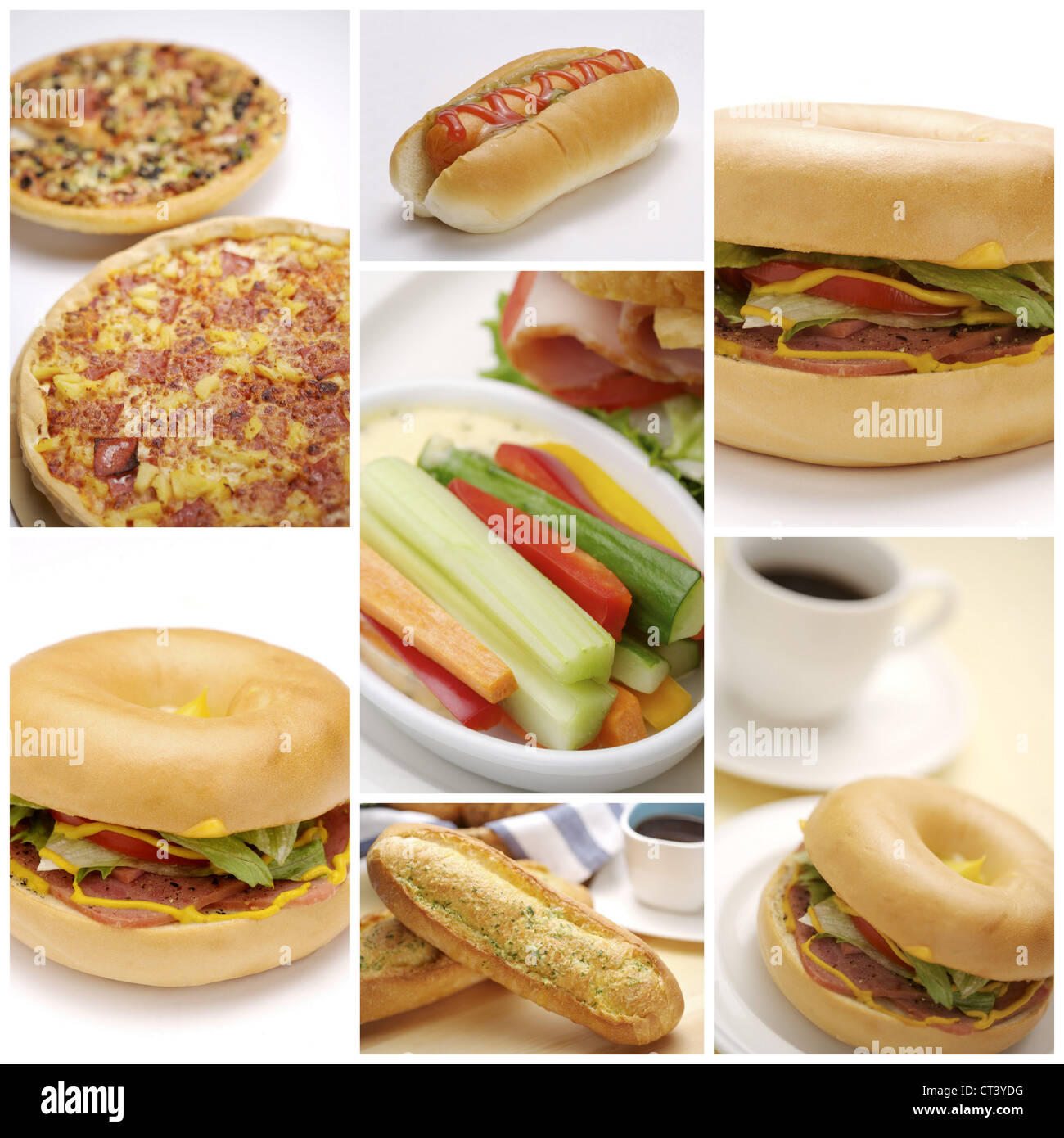 Fastfood-Collage mit vielen Hamburgern Stockfoto