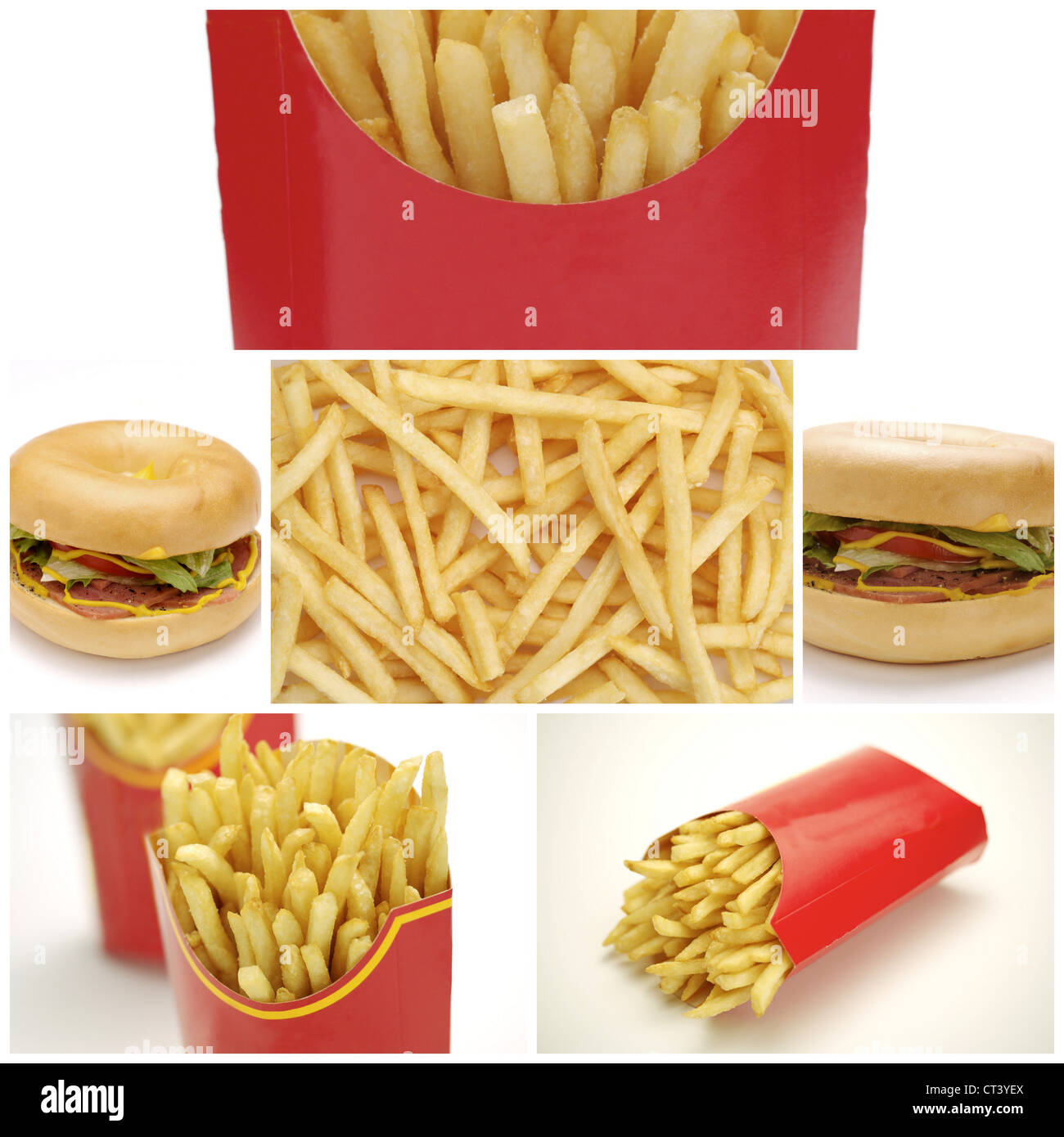 Hamburger und Chips Collage Stockfoto